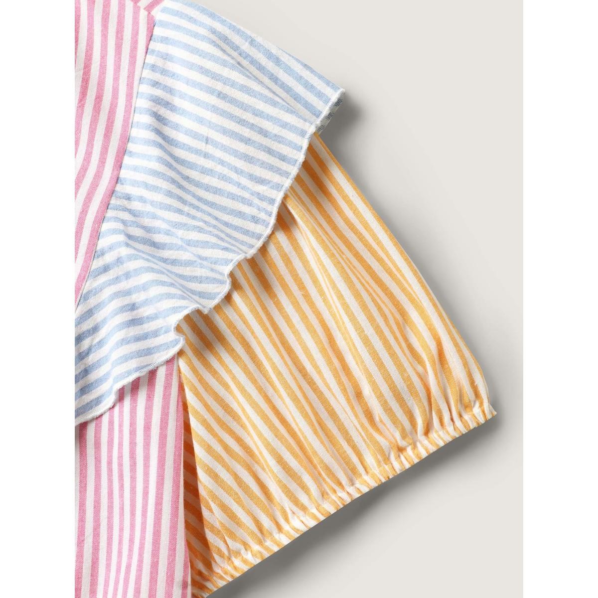 Plus Size Multicolor Cotton Colorful Stripes Ruffled Neck Tie Blouse Women Short sleeve Notched collar Everyday-Elegant Blouses BloomChic 22-24/3X Product Image