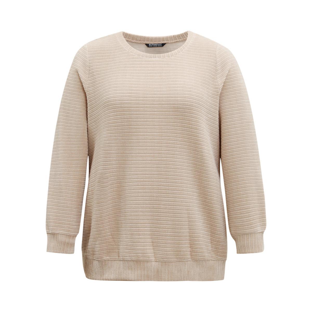 Plus Size Crew Neck Solid Textured Sweatshirt Women Apricot Casual Thick Round Neck Dailywear Sweatshirts BloomChic 18-20/2X Product Image