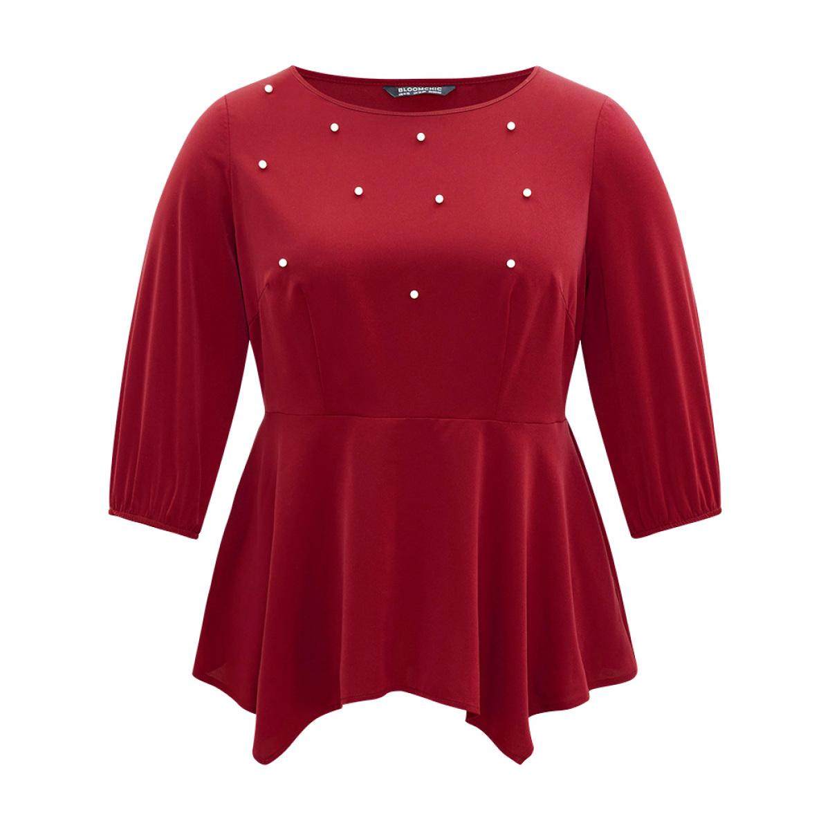 Plus Size Burgundy Plain Pearl Beaded Gathered Hanky Hem Blouse Women Glamour Elbow-length sleeve Round Neck Festival-Christmas Blouses BloomChic 30/6X Product Image