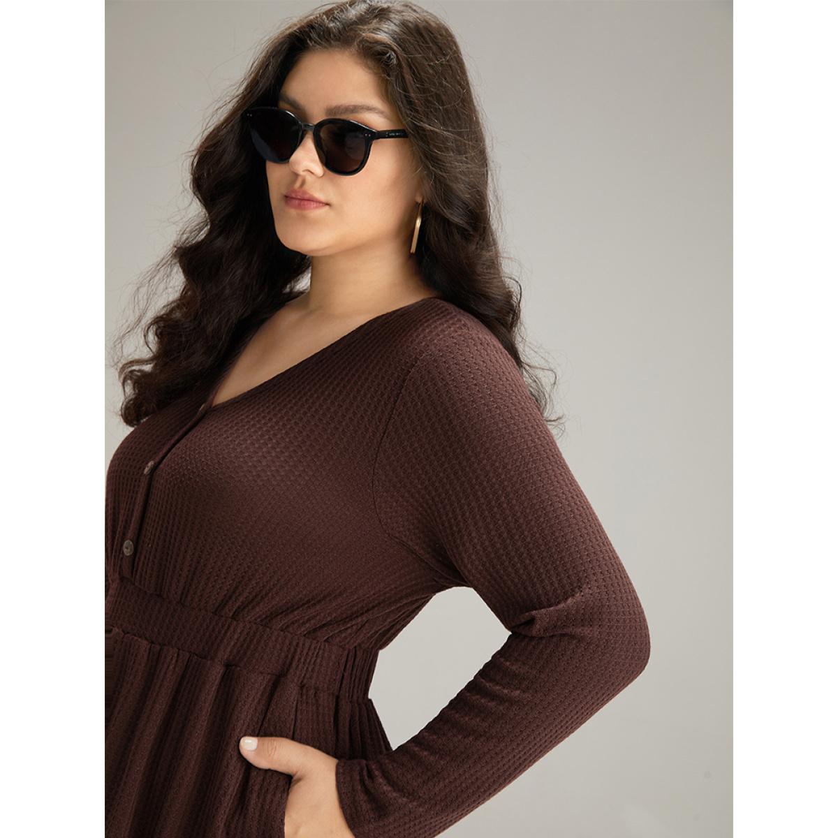 Plus Size Waffle Knit Button Up Elastic Waist Dress DarkBrown Women Casual Plain V-neck Long Sleeve Curvy Knee Dress BloomChic 22-24/3X Product Image