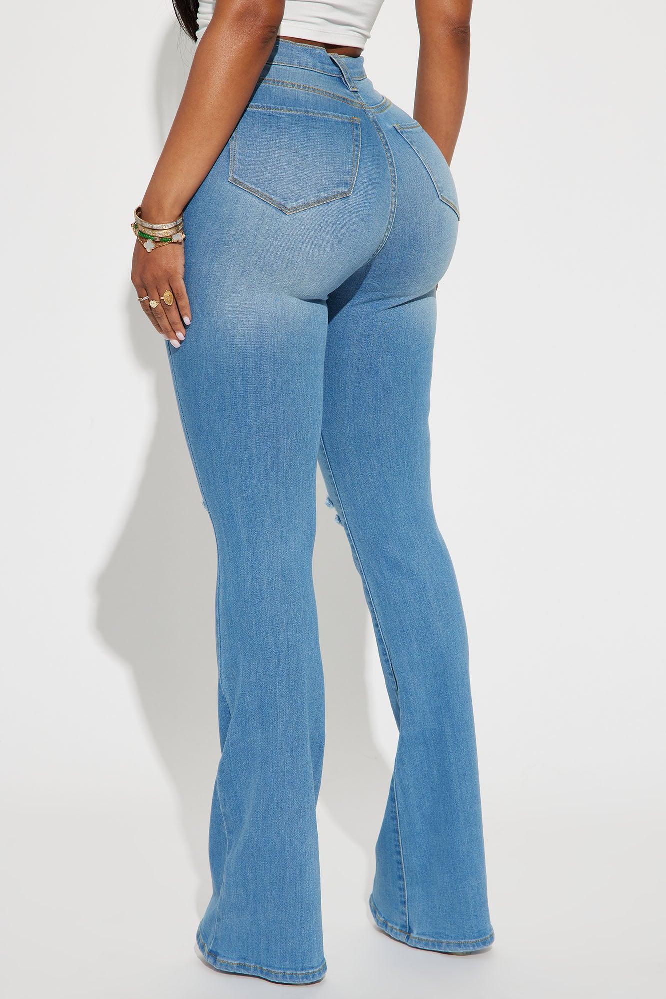 Luxurious Distressed Super Stretch Flare Jeans - Medium Blue Wash Product Image