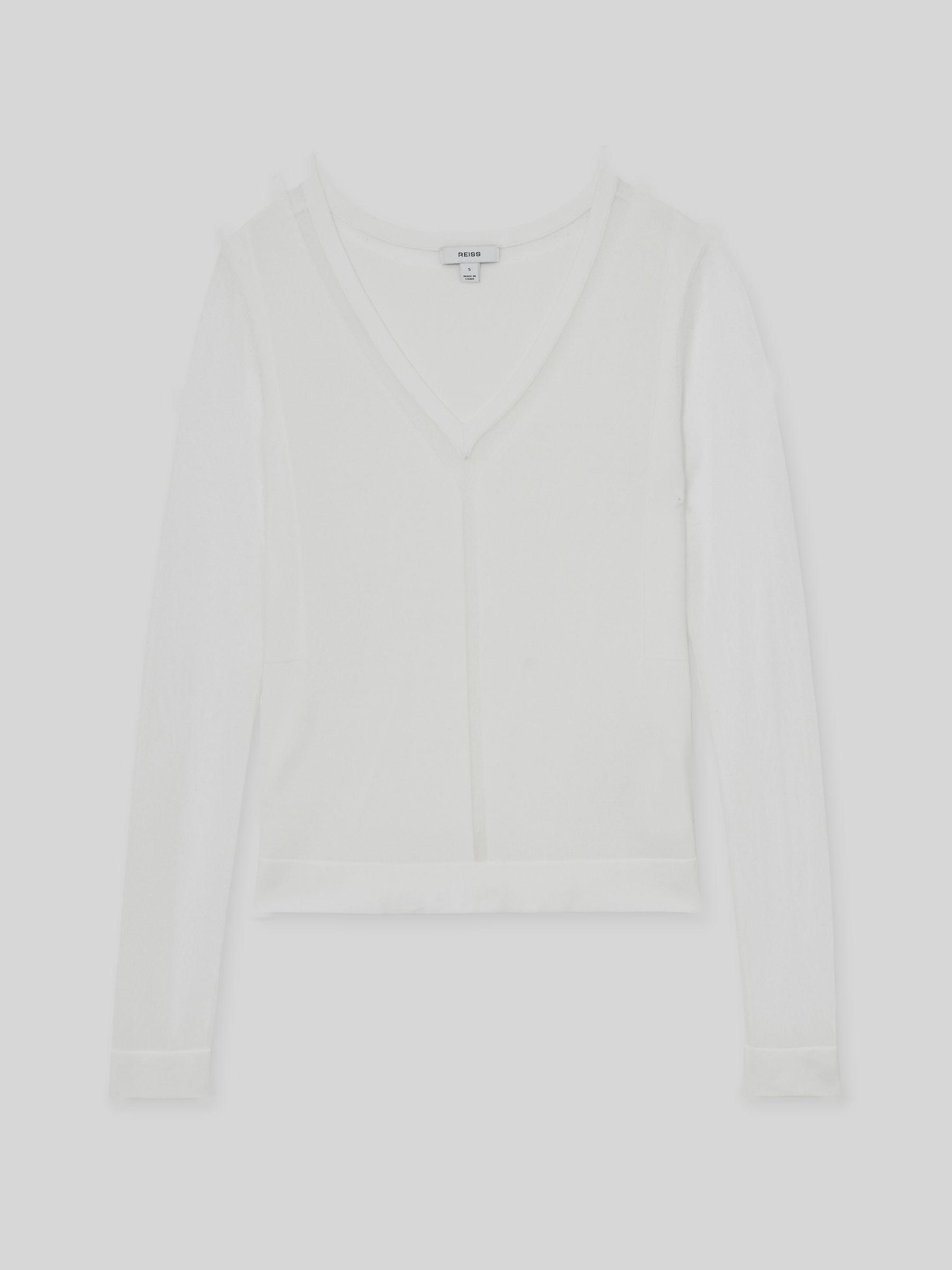 Sheer-Detail V-Neck Top in White Product Image