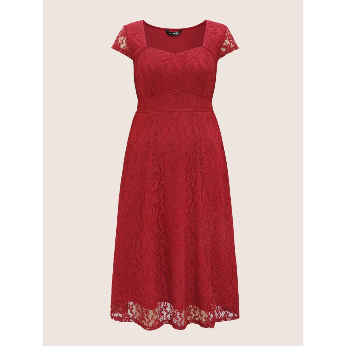 Plus Size Lace Panel Heart Neckline Split Side Dress Burgundy Women Cocktail Heart neckline Cap Sleeve Curvy BloomChic 30/6X Product Image