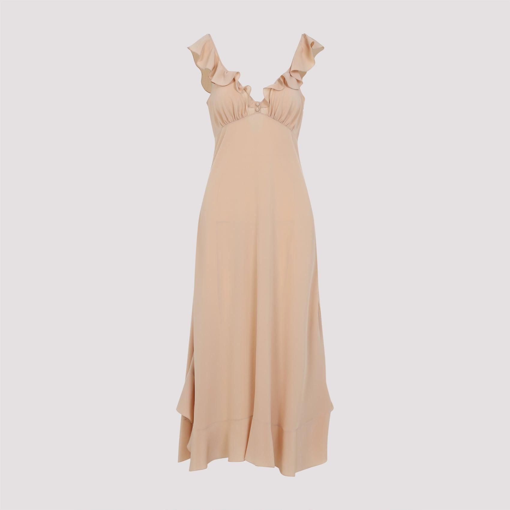 CHLOÉ Long Silk Dress With Flared Skirt And Ruffled Straps In Beige Product Image
