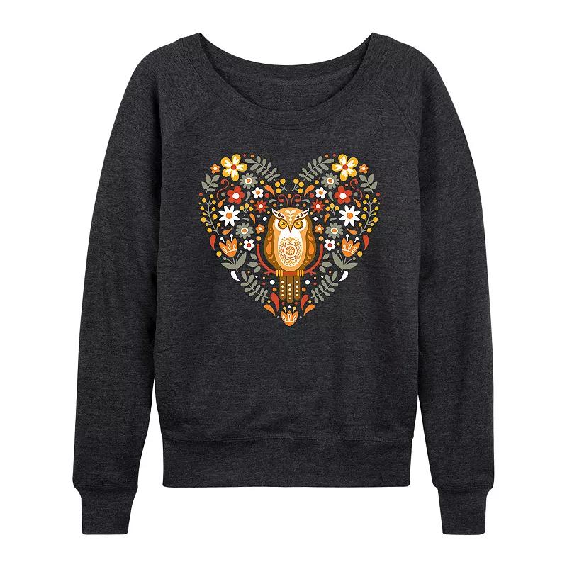 Women's Scandinavian Owl Floral Heart French Terry Long Sleeve Tee, Girl's,  Product Image