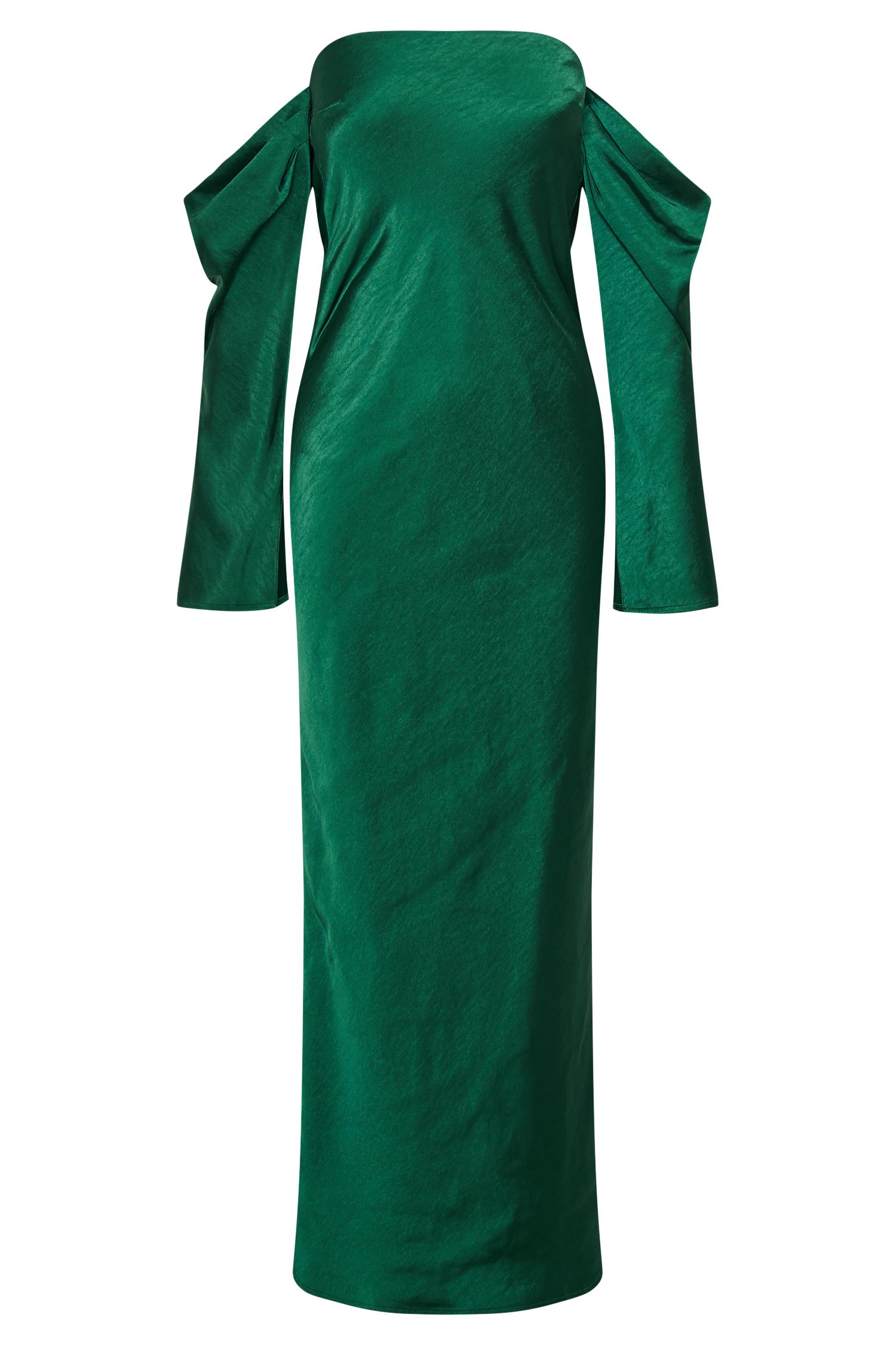 Vee Off Shoulder Satin Midi Dress - Emerald Product Image