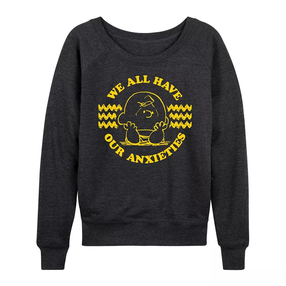 Women's Peanuts Charlie Brown We All Have Anxieties French Terry Long Sleeve Tee, Girl's,  Product Image