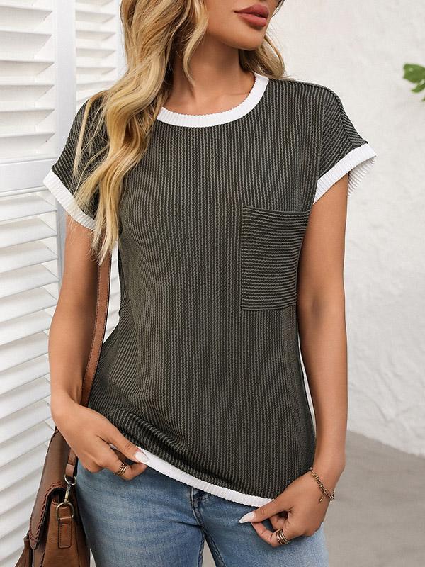 Loose Short Sleeves Colorful Contrast Color Pockets Round-neck T-Shirts Tops Product Image