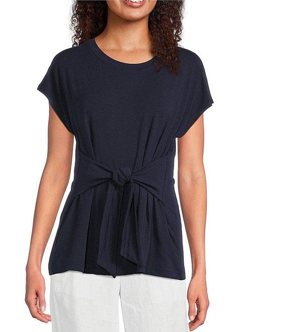 Eileen Fisher Fine Stretch Jersey Knit Round Neck Short Sleeve Tie Front Top Product Image