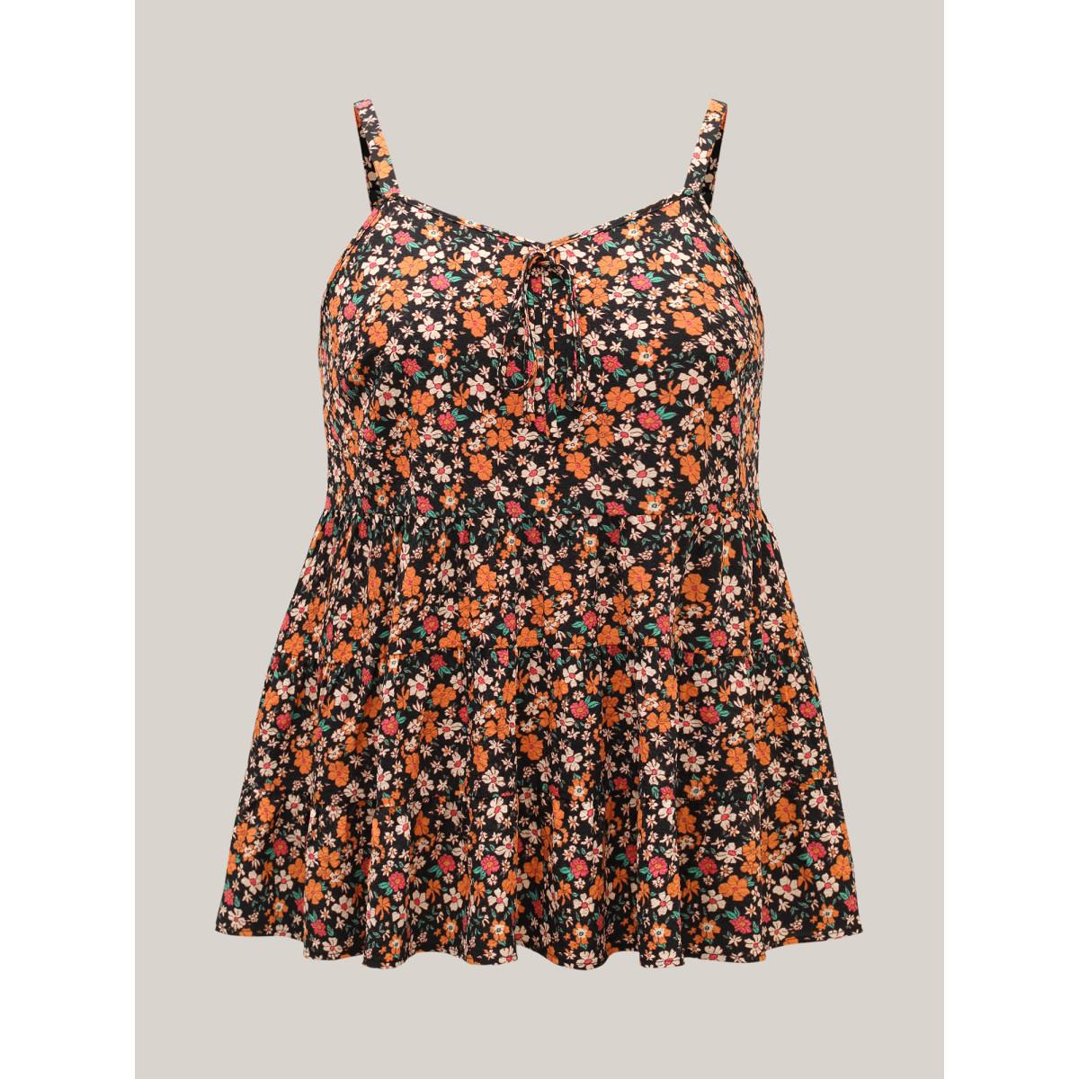 Plus Size Ditsy Floral Print Cami Tiered Tank Top Women BlackFlower Boho Tie knot Non Vacation Tank Tops Camis BloomChic 18-20/2X Product Image