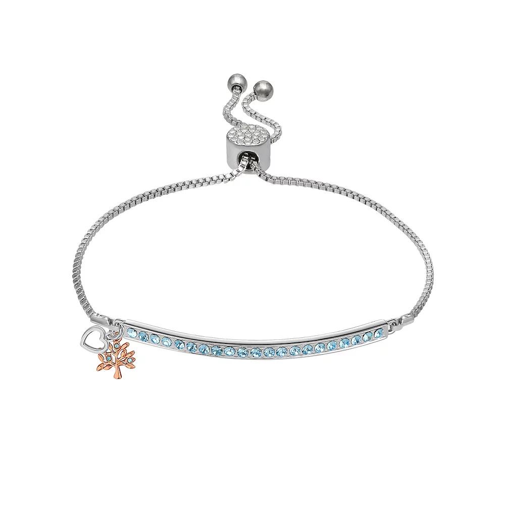 Brilliance Two Tone Fine Aqua Crystal Open Heart & Family Tree Charm Adjustable Bracelet, Women's, Size: 7/8", Silver Tone Product Image