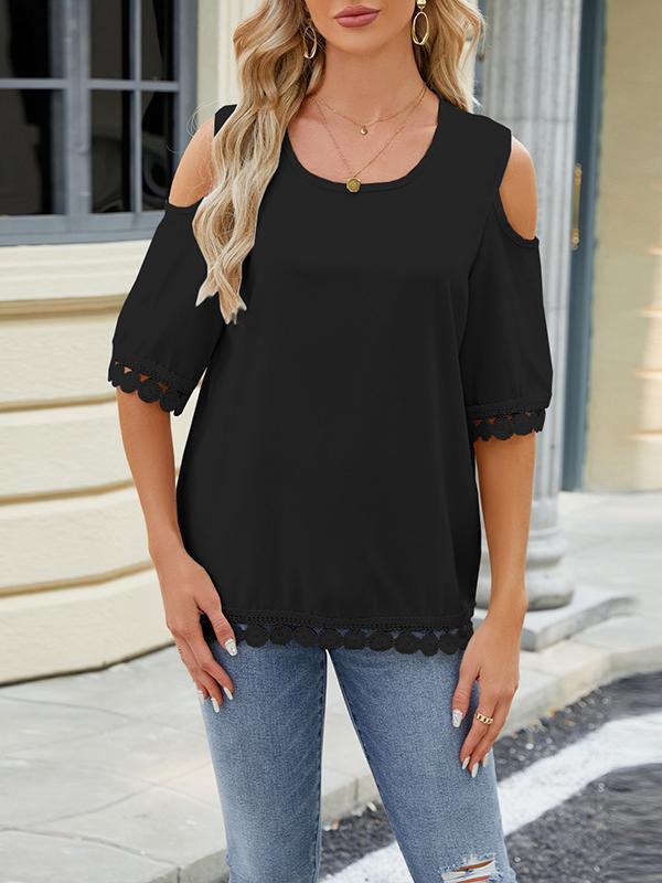 Loose Short Sleeves Solid Color Split-Joint Tasseled Cold Shoulder T-Shirts Tops Product Image
