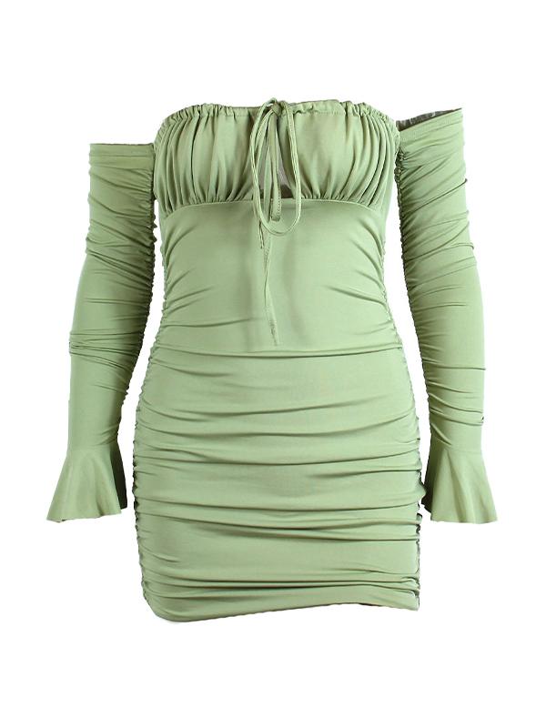 Solid Off Shoulder Ruched Trumpet Sleeve Mini Dress Product Image