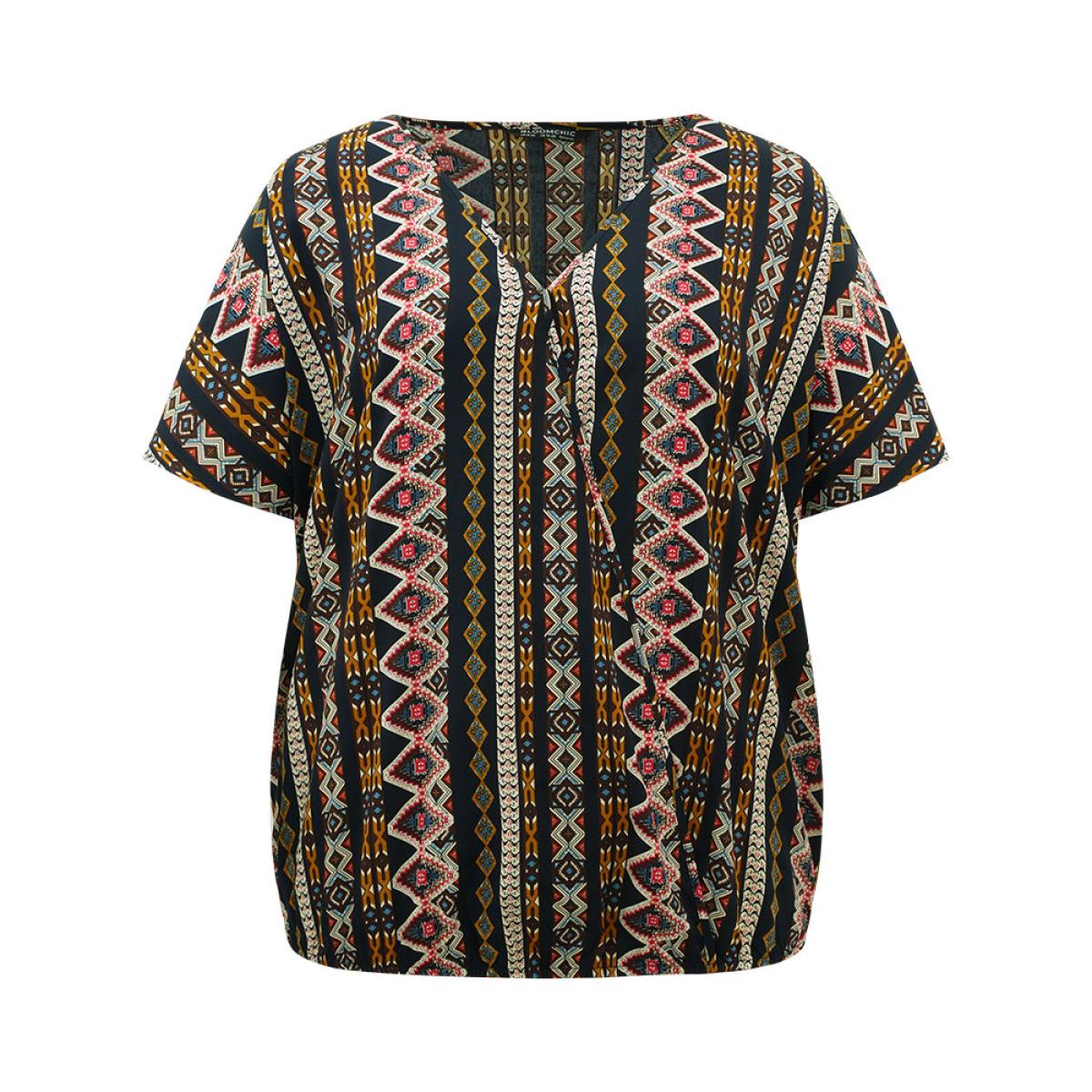 Plus Size Indigo Boho Print V Neck Wrap Blouse Women Vacation Short sleeve V-neck Dailywear Blouses BloomChic 26/4X Product Image