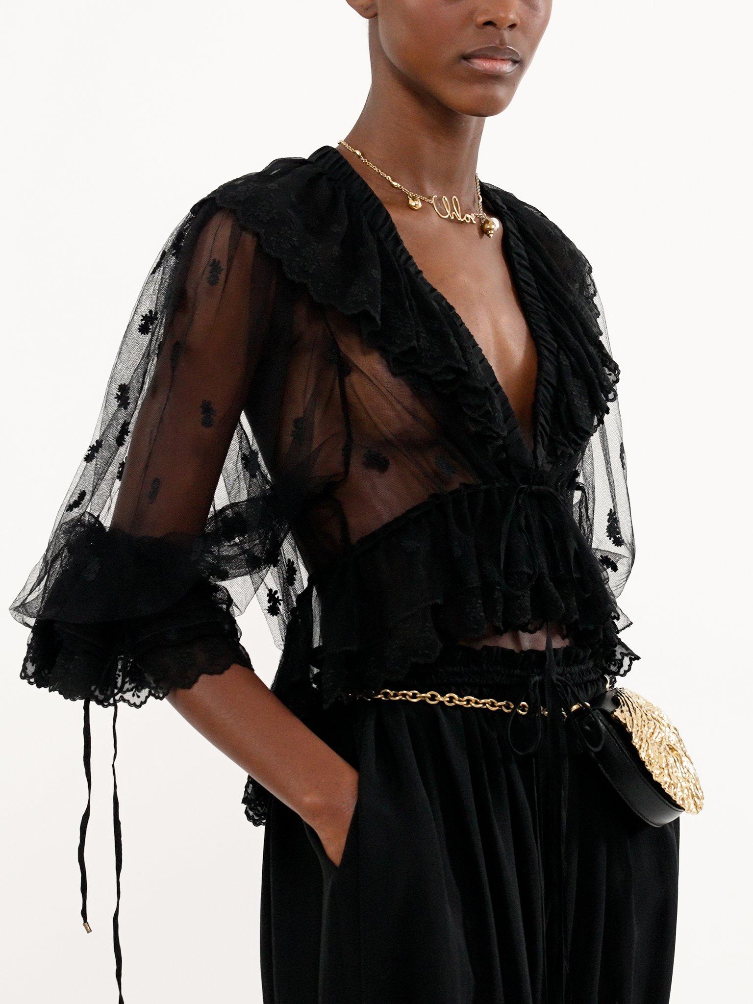 V-neck ruffle top in embroidered lace Product Image