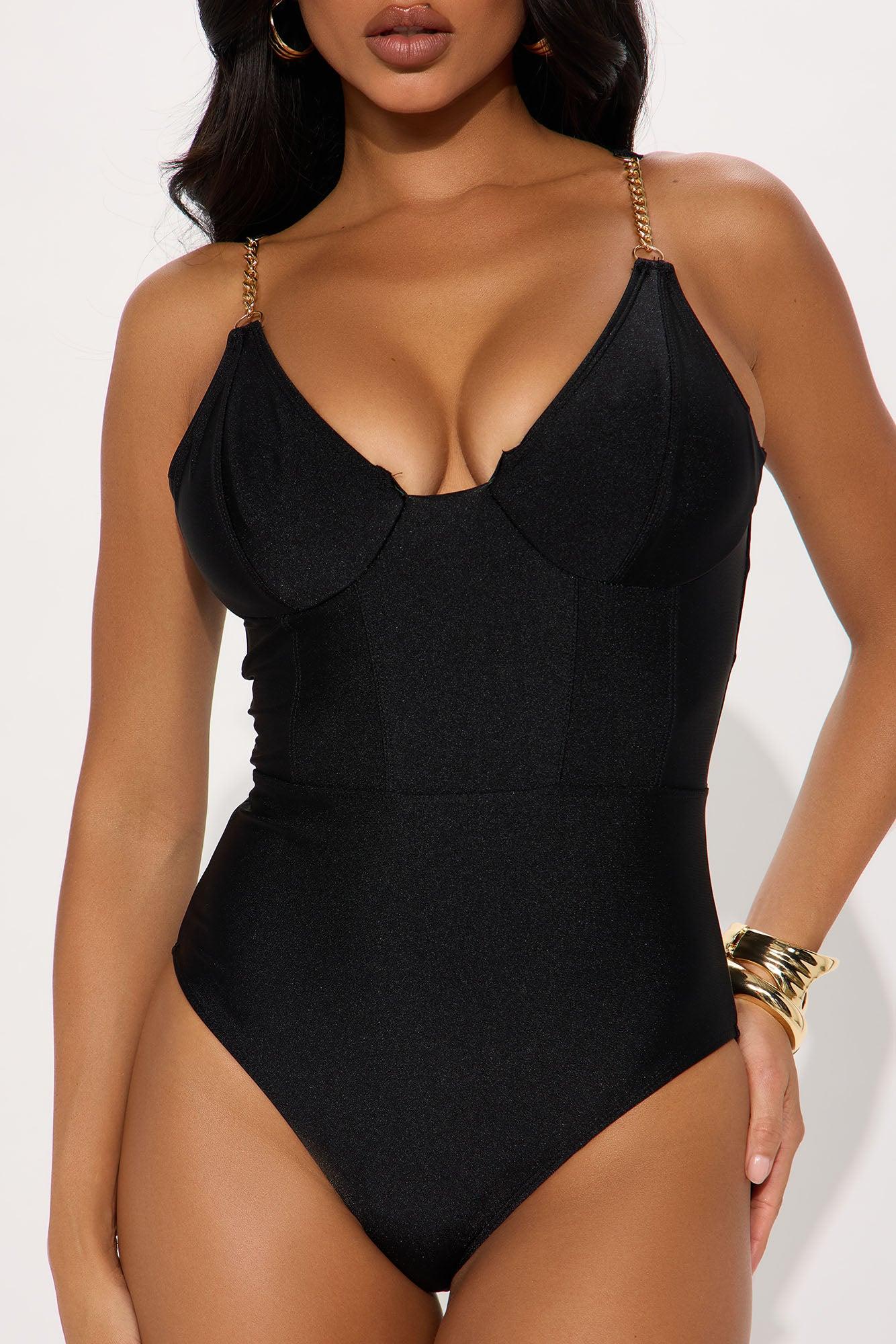 Paradise Dream Corset Chain Strap Underwire 1 Piece Swimsuit - Black Product Image
