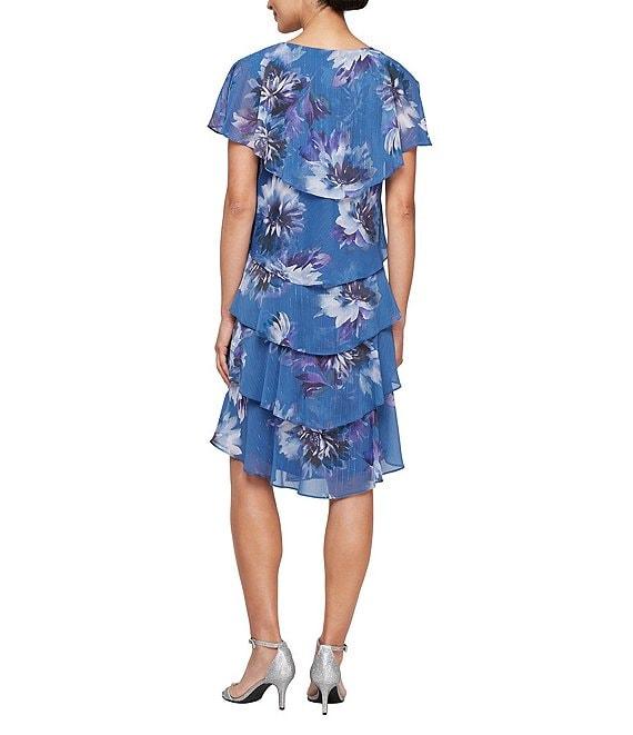Ignite Evenings Petite Size Floral Printed Chiffon Embellished V-Neck Tiered Shift Dress Product Image