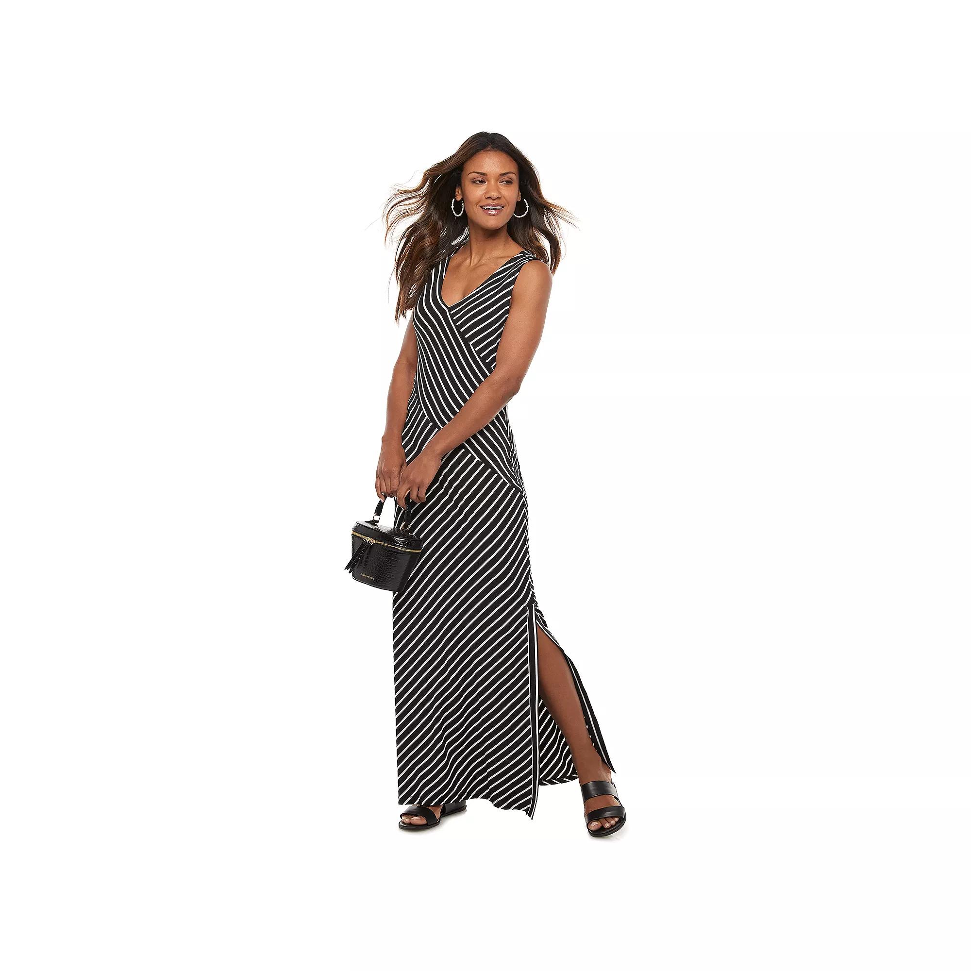 Women's Nina Leonard Striped Maxi Dress, Size: Medium, Black White Product Image