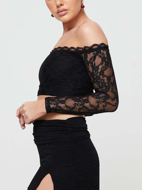 Lace Off Shoulder Cropped Long Sleeve Tee Product Image