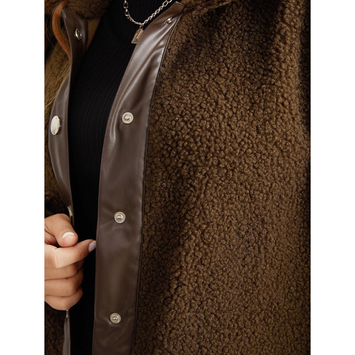 Plus Size PU Leather Patchwork Metal Detail Teddy Jacket Women DarkBrown Patchwork Dailywear Jackets BloomChic 14-16/1X Product Image