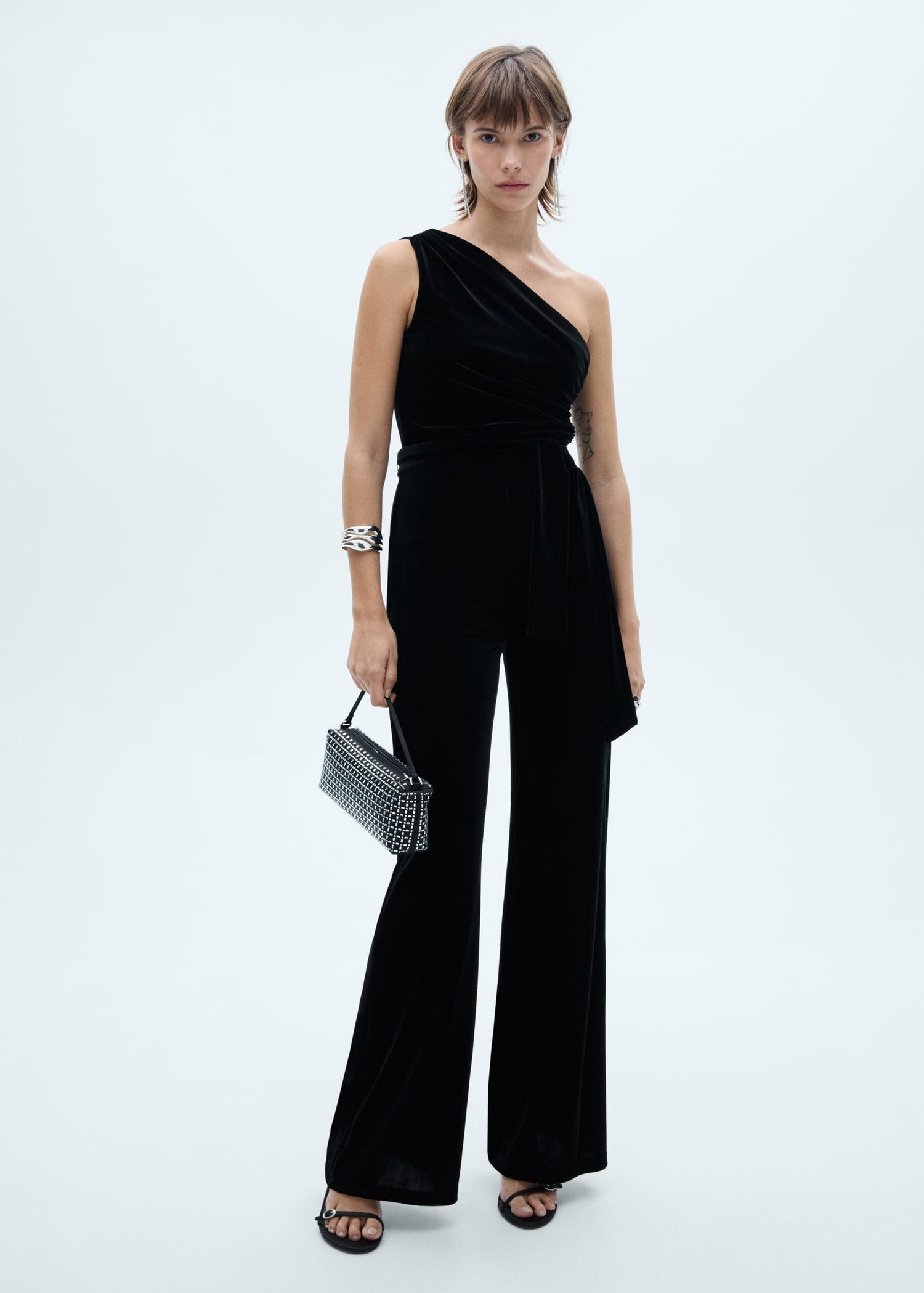 Asymmetric velvet jumpsuit - Women | MANGO USA Product Image