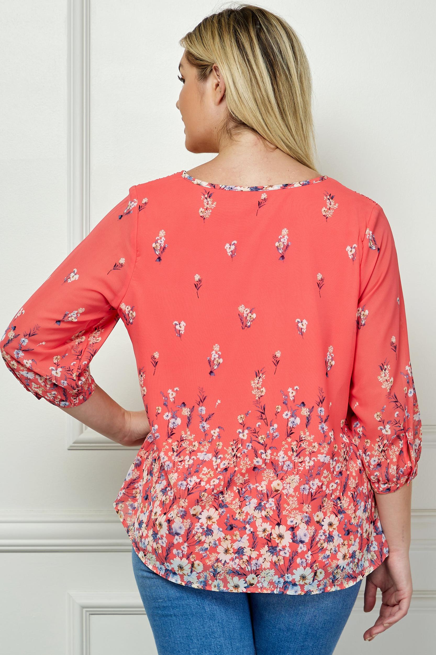 3/4 Button Cuff Sleeve Beaded Tie Front Neck Border Print Blouse - Plus Product Image