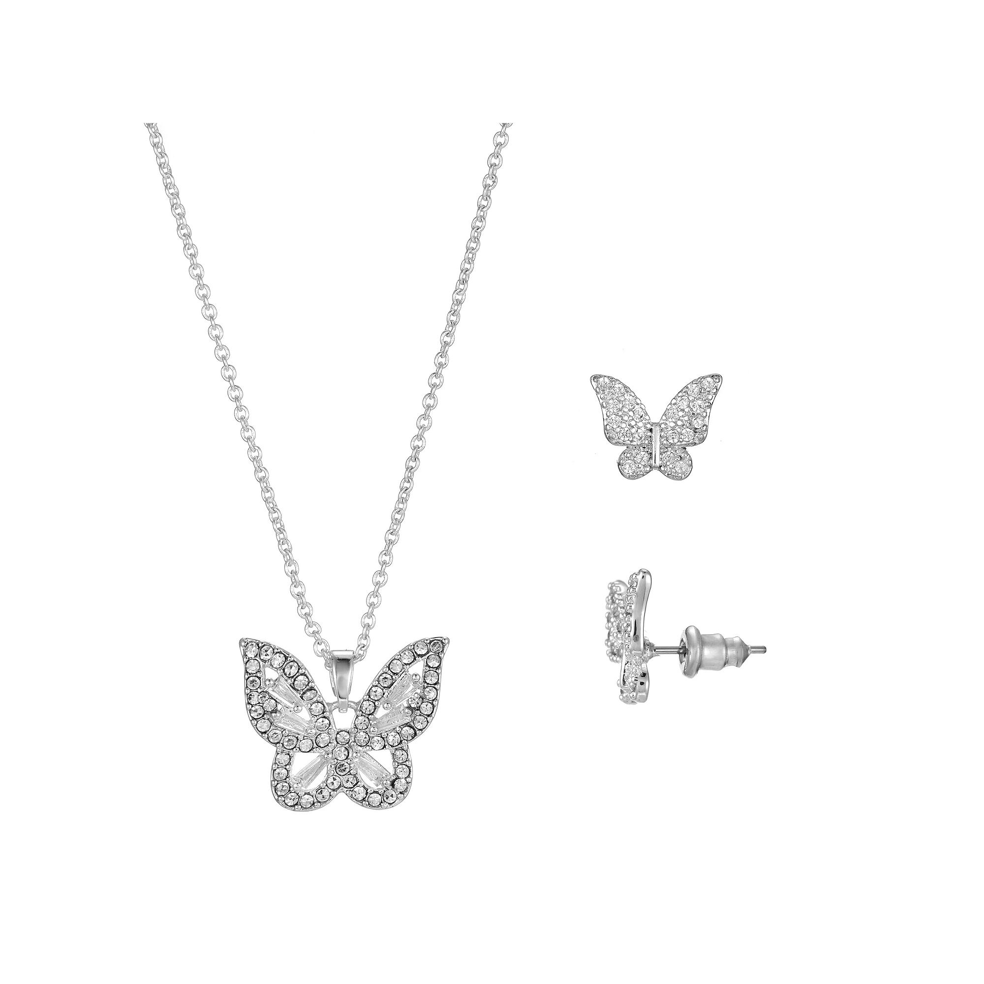 Primavera Silver Plated Cubic Zirconia Butterfly Pendant & Earring Set, Womens Silver Tone Product Image