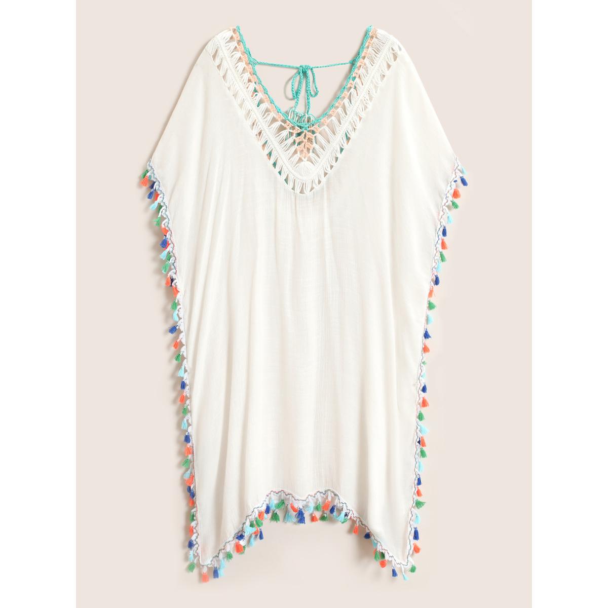Plus Size Color Tassel Trim Batwing Sleeve Swim Cover Up Women's Swimwear White Beach Crochet Curve Swim Cover Ups BloomChic 12/L Product Image