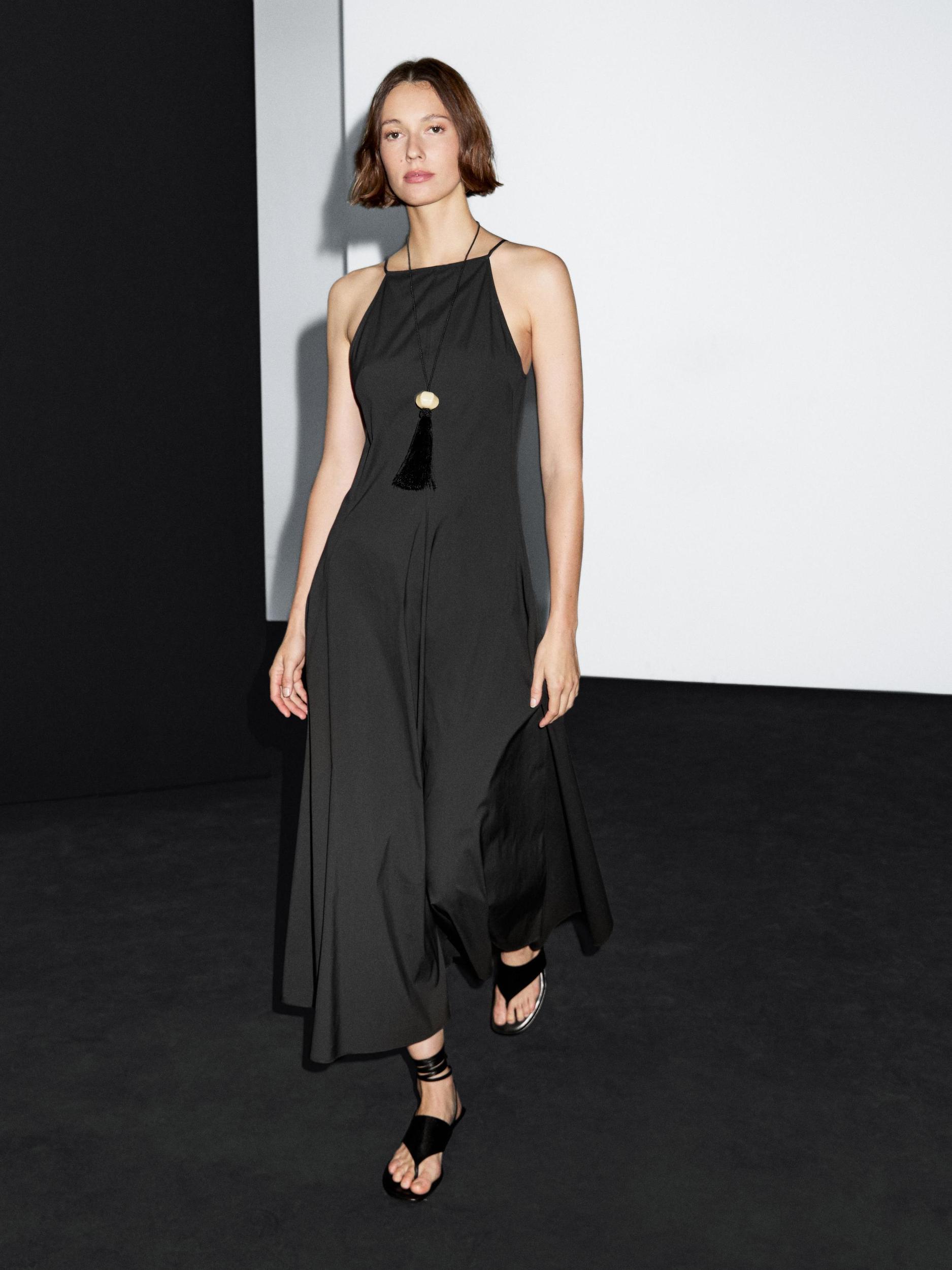 Long halter neck dress with flounce Product Image