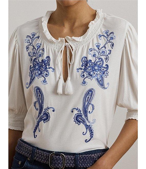 Lauren Ralph Lauren Ruffle Knit Jersey Paisley Floral Split V-Neck 3/4 Puff Sleeve Smocked Embroidered Top Product Image