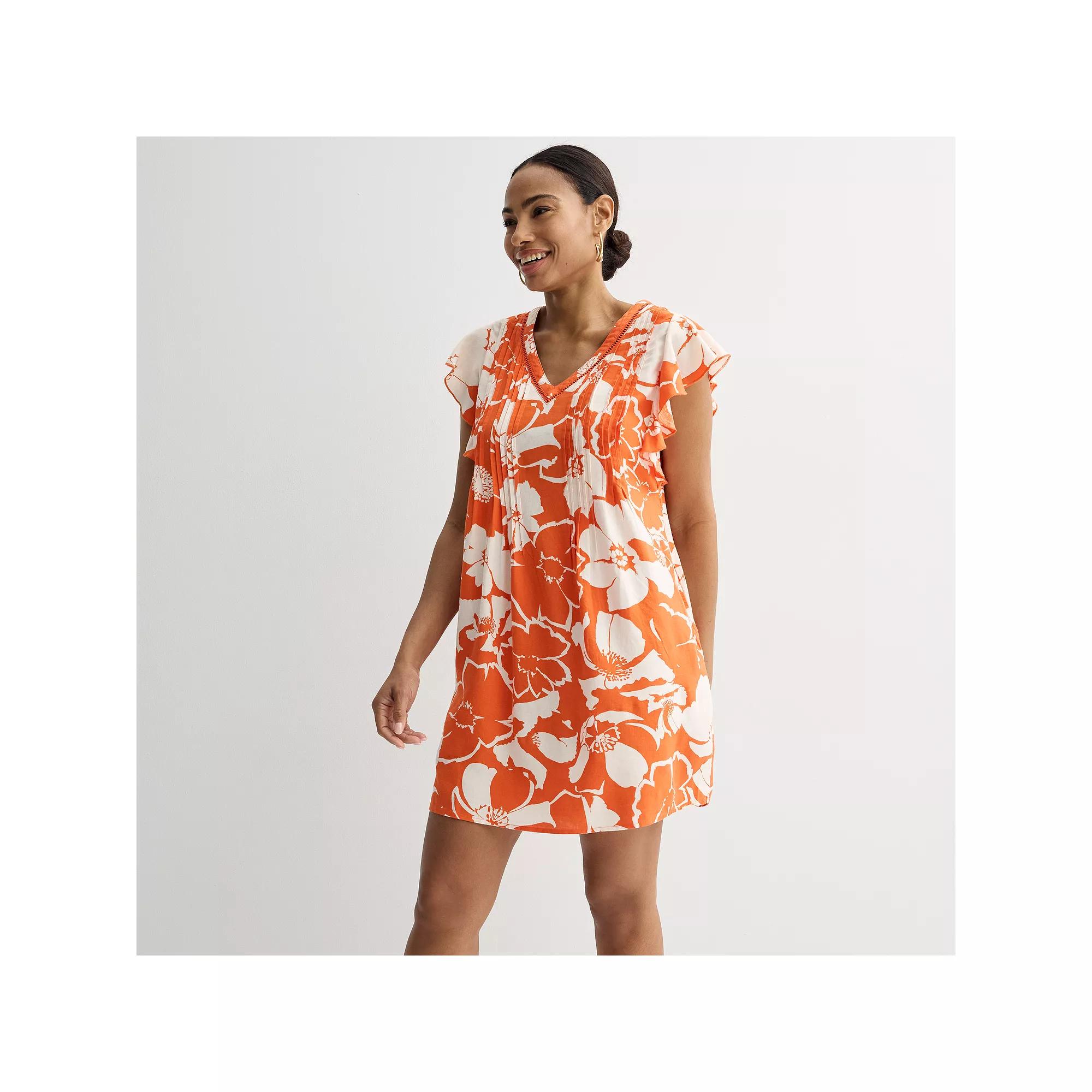 Women's Sonoma Goods For Life® Flutter Sleeve Pintuck Dress, Size: Small, Orange Bold Floral Product Image