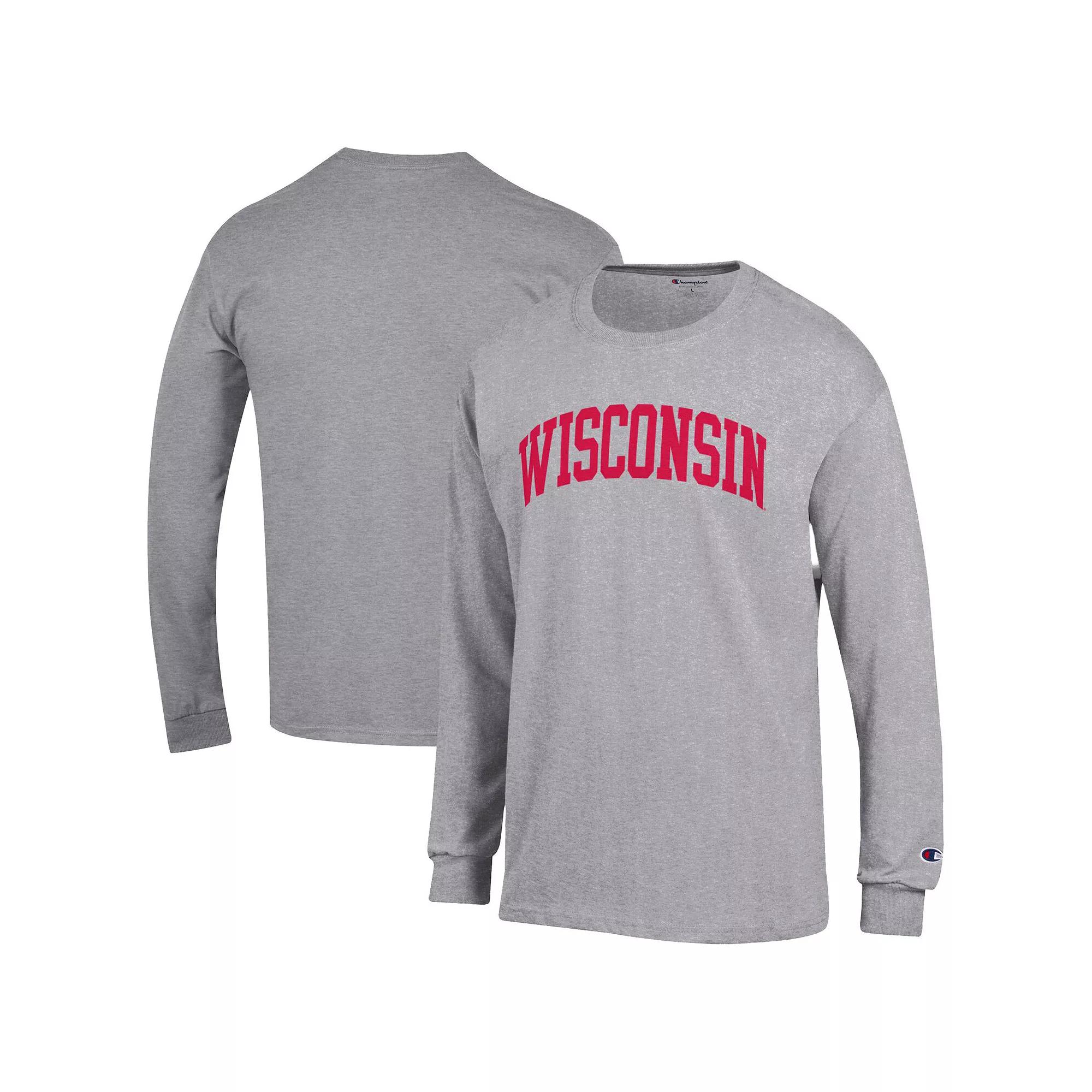 Men's Champion  Heather Gray Wisconsin Badgers Basic Arch Long Sleeve T-Shirt, Size: Small, Grey Product Image