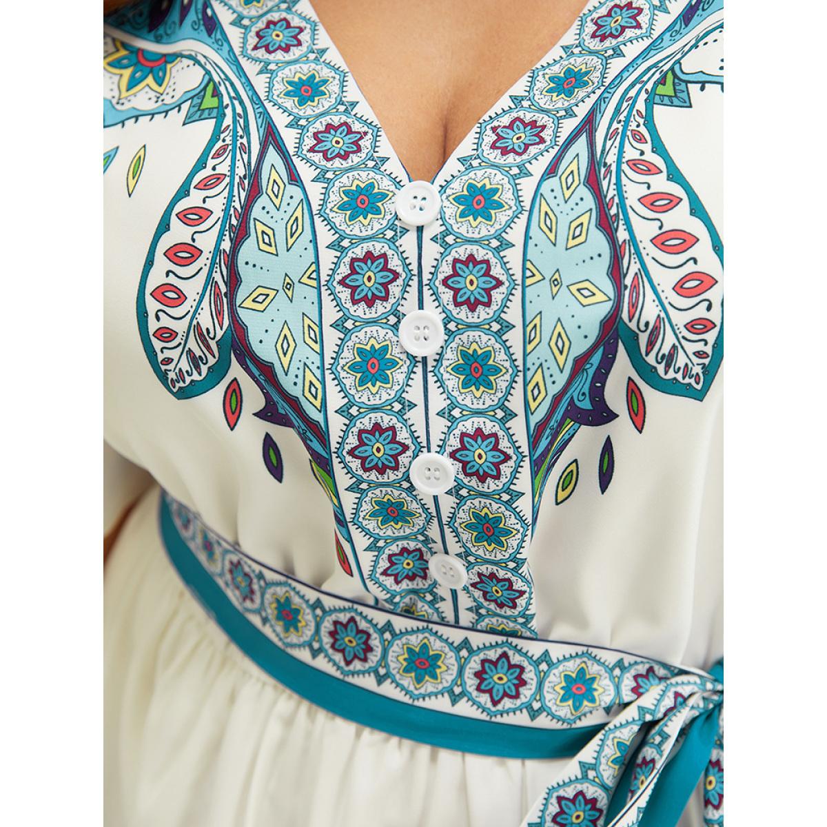 Plus Size Bandana Button Detail Pocket Belt Knee Dress Emerald Women Vacation Lined V-neck Short sleeve Curvy Knee Dress BloomChic 26/4X Product Image