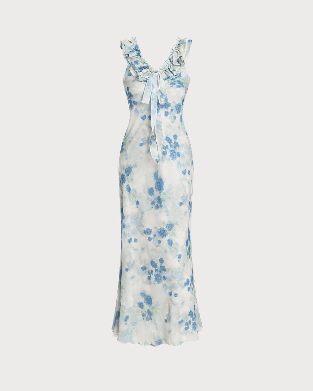 Blue Floral Ruffle V Neck Sleeveless Midi Dress Product Image