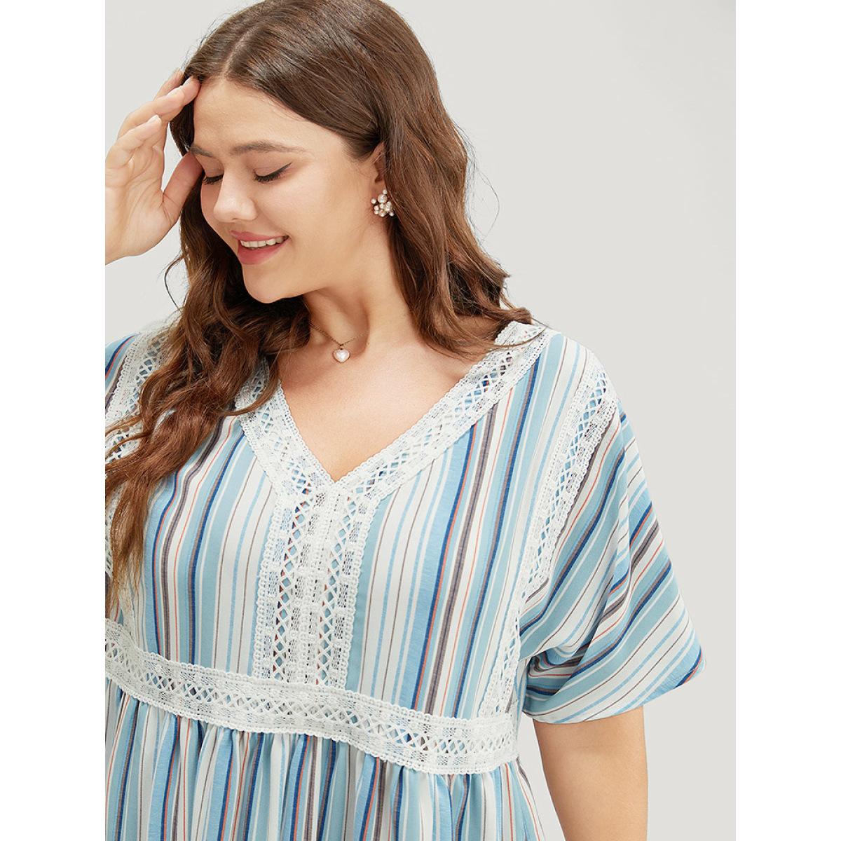 Plus Size Striped Contrast Pocket Lace Batwing Sleeve Midi Dress Blue Women Vacation Patchwork V-neck Short sleeve Curvy Midi Dress BloomChic 14-16/1X Product Image