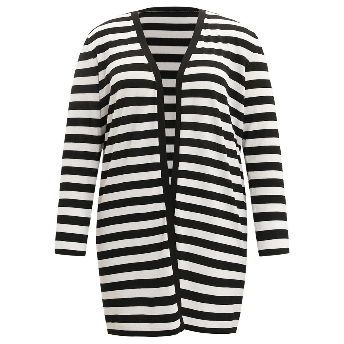 Plus Size Striped Open Front Drop Shoulder Tunic Cardigan Black Women Casual Loose Long Sleeve Dailywear Cardigans BloomChic 26/4X Product Image