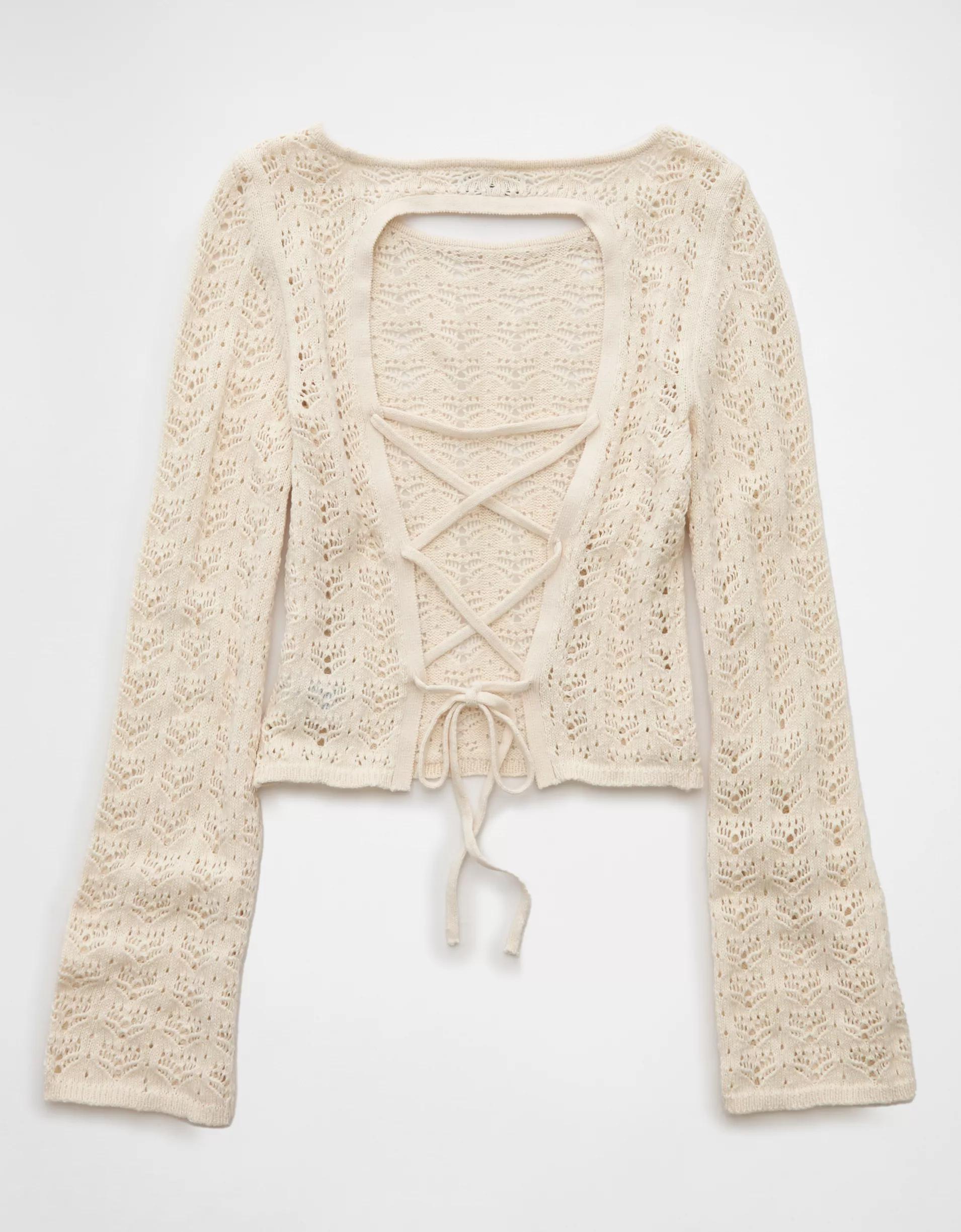 AE Lace-Up Back Crochet Sweater Product Image