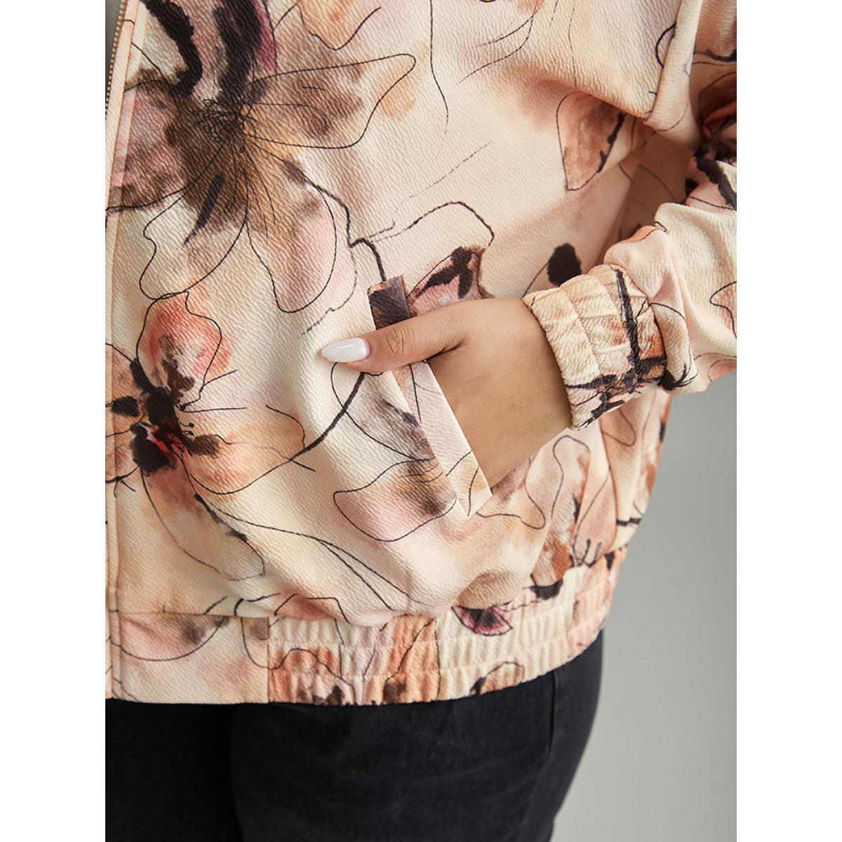 Plus Size Floral Zipper Gathered Elastic Cuffs Jacket Women Multicolor Elastic cuffs Pocket Dailywear Jackets BloomChic 22-24/3X Product Image