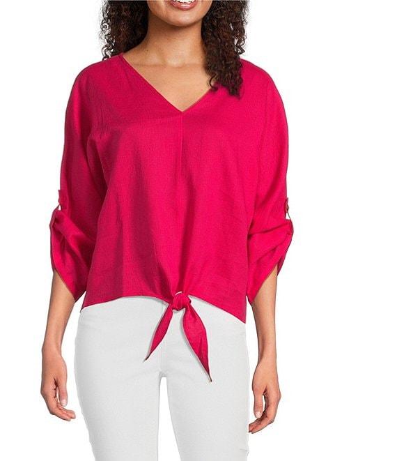 Charlie B. Linen Blend V-Neck 3/4 Sleeve Tie Front Top Product Image