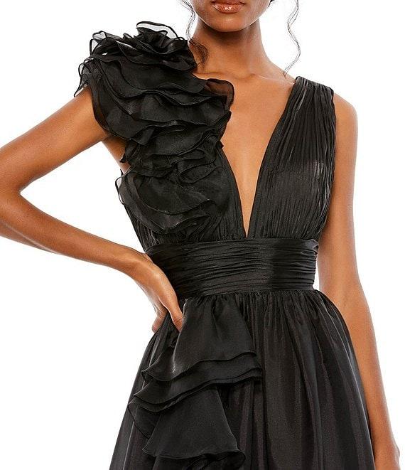 Mac Duggal Deep V-Neck Sleeveless Ruffled Shoulder Ball Gown Product Image