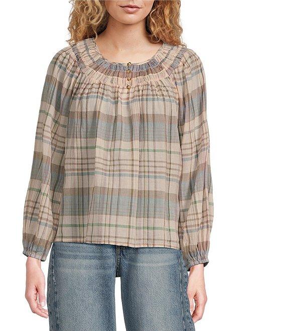 Lucky Brand Woven Stripe Print Round Neck Long Sleeve Button-Front Top Product Image