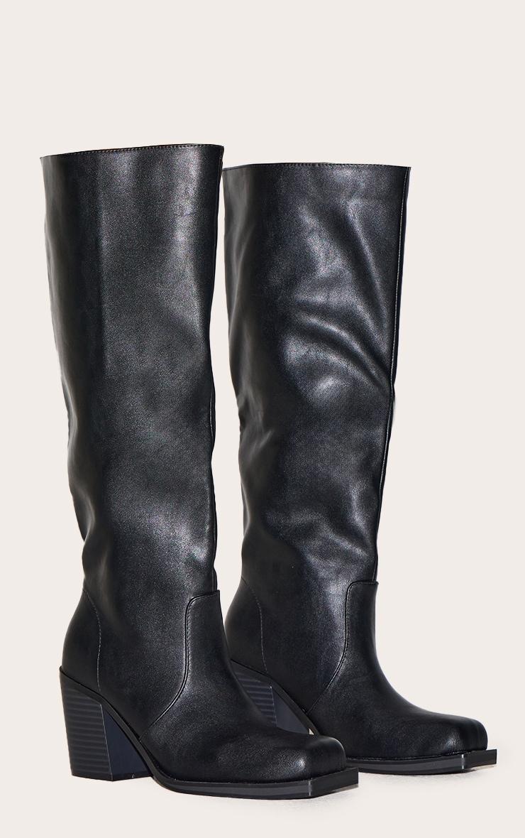 Black Pu Square Toe High Block Heel Knee High Boots Product Image