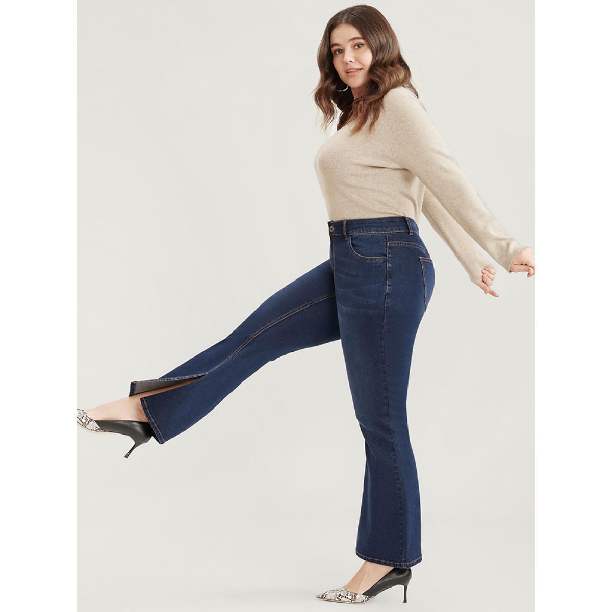 Plus Size Bootcut Very Stretchy High Rise Dark Wash Split Hem Jeans Women DarkBlue Casual Plain Pocket High stretch Side seam pocket Jeans BloomChic 20/2X Product Image