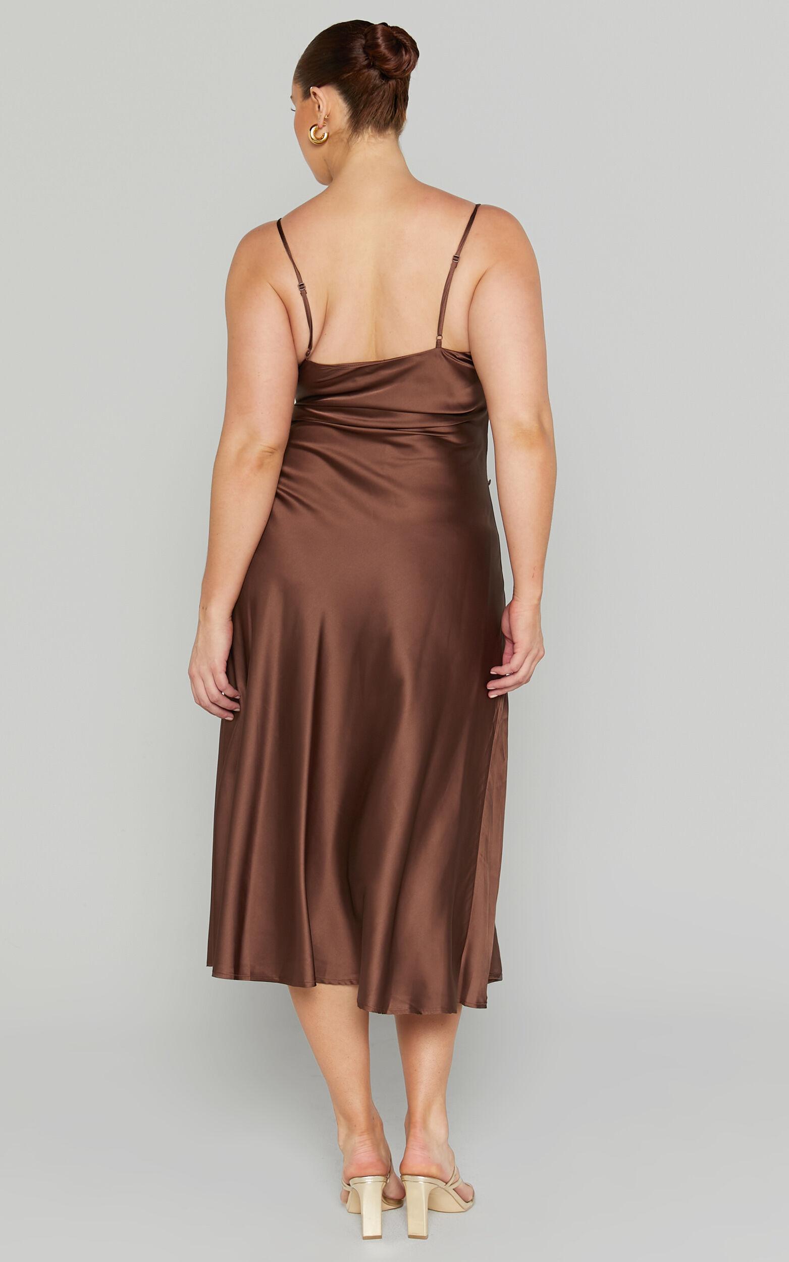 Flordeliza Midi Dress - Cowl Neck Thigh Slit Slip Dress in Chocolate Product Image