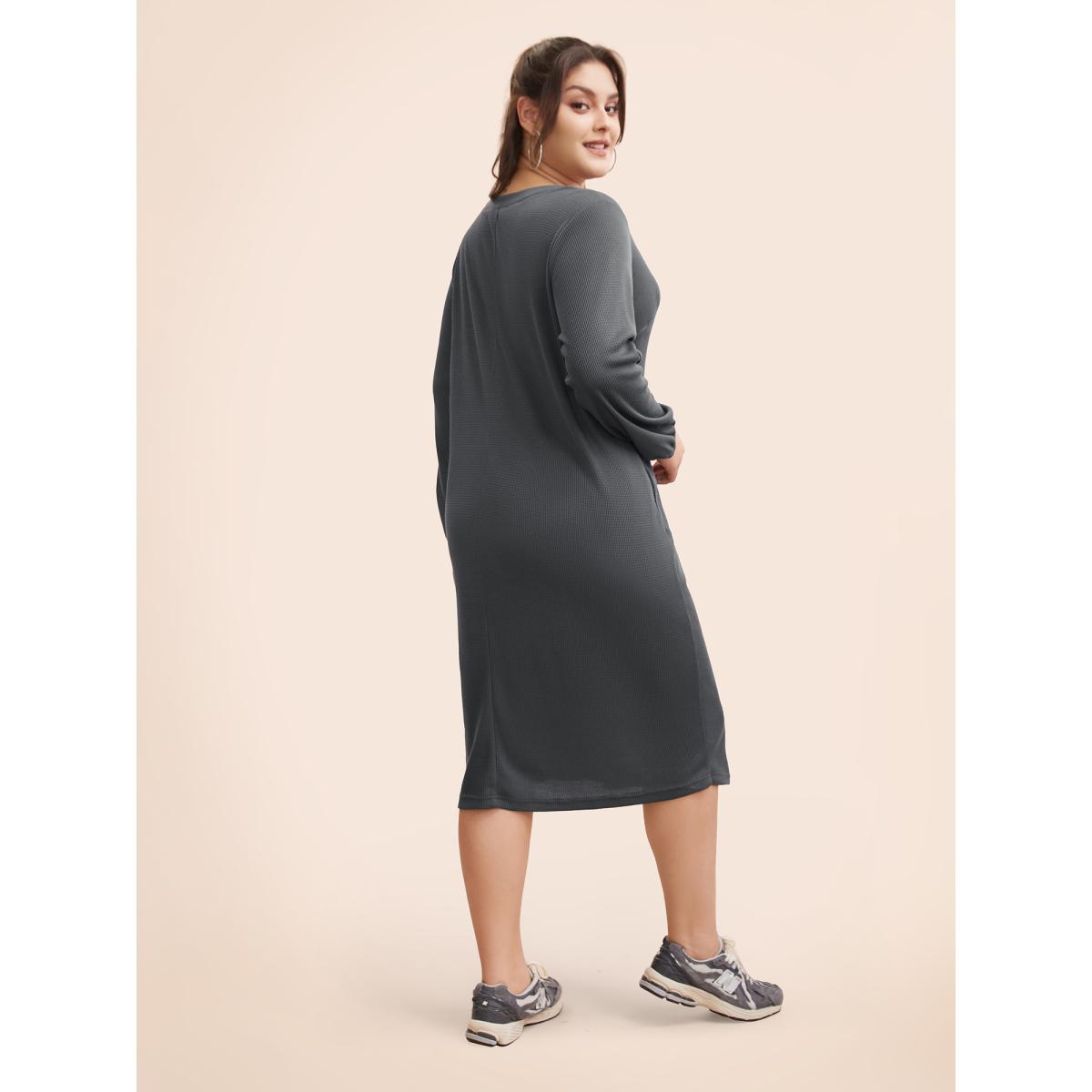 Plus Size Notched Waffle Knit Button Detail Dress DarkGray Women Casual Texture Notched collar Long Sleeve Curvy BloomChic 14-16/1X Product Image