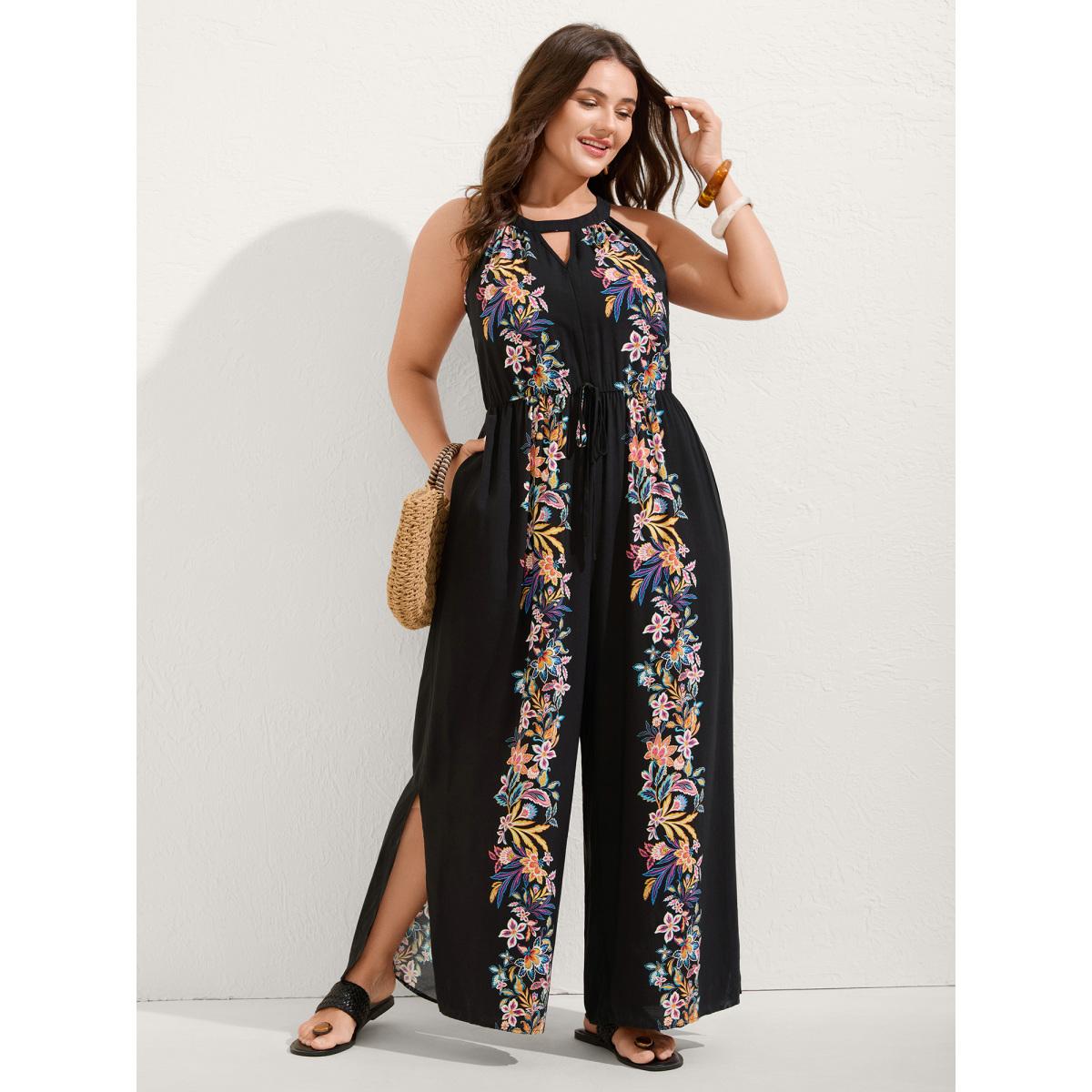 Plus Size Black Floral Halter Neck Slit Hem Jumpsuit Women Boho Sleeveless Halter neck Vacation Loose Jumpsuits BloomChic 10/M Product Image