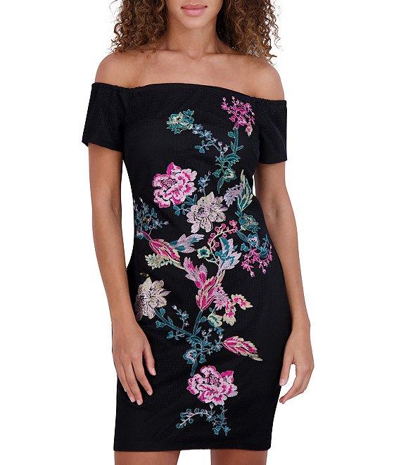 SIENA Off-The-Shoulder Floral Embroidered Mesh Sheath Dress Product Image