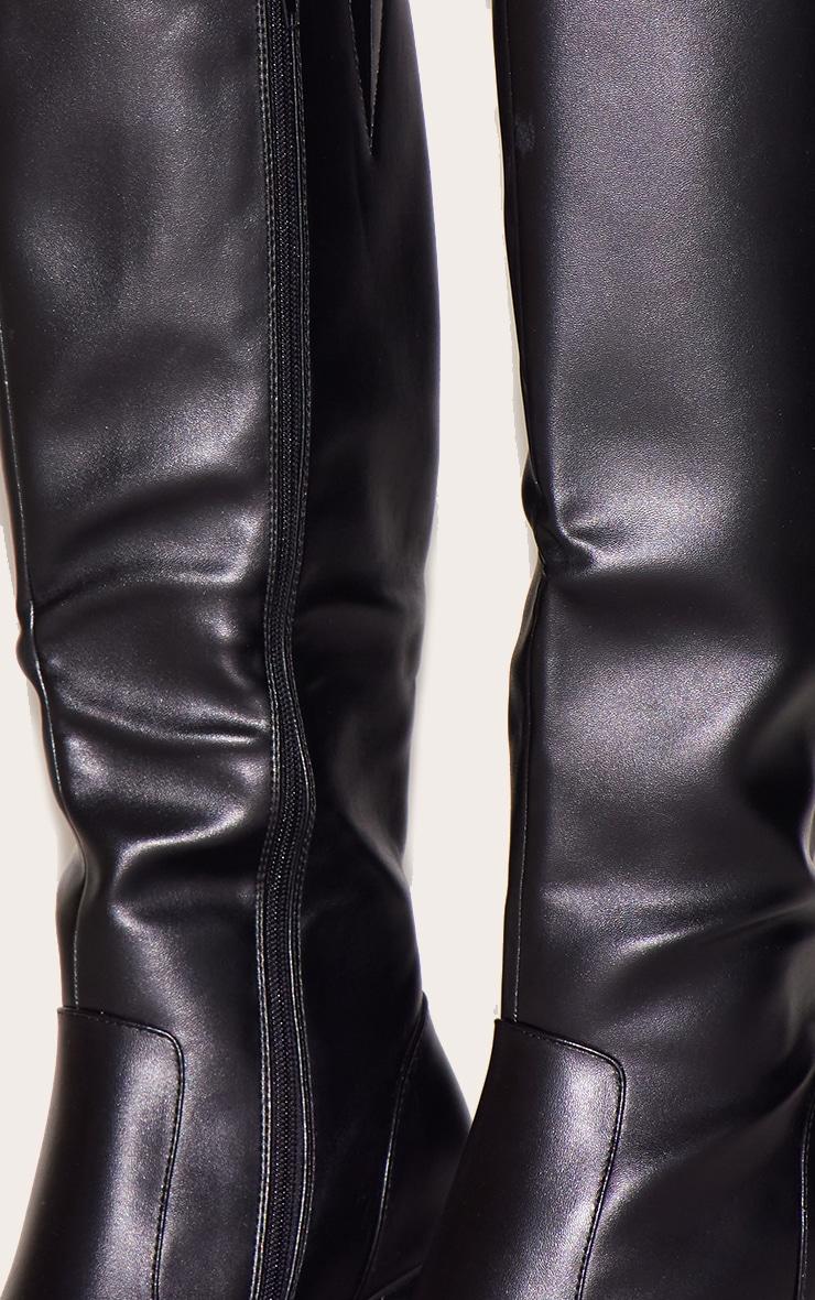 Black Pu Square Toe Block Heel Knee High Boots Product Image