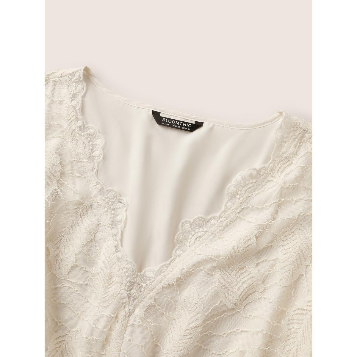 Plus Size Apricot Lace Panel Mesh Patchwork Elastic Waist Blouse Women Elegant Short sleeve V-neck Everyday Blouses BloomChic 22-24/3X Product Image