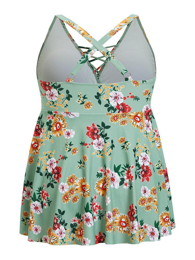 Floral Crisscross Surplice Neck Flutter Hem Swim Dress Female Product Image